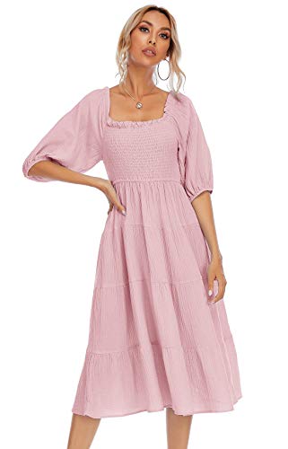 Image of R.Vivimos Women's Summer Cotton Lantern Sleeves Ruffled Off Shoulder A-Line Midi Dresses