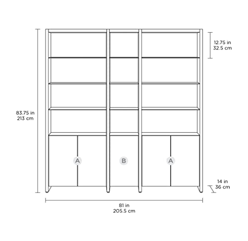 BDI Furniture Linea Shelf 5802-83.75" x 81'' Leaning Shelf for Living Room, Family Room or Office with 5 Polished Tempered Glass Shelves, Charcoal Stained Ash