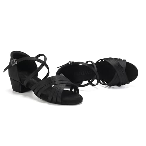 SWDZM Girls Latin Dance Shoes Low Heels Ballroom Salsa Tango Practice Dance Shoes for Girls Kids,Black,Heel 1 3/8 inch,Suede Sole,4.5 US Big Kid4