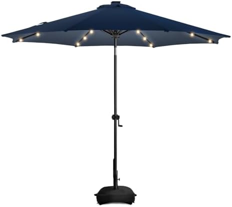 wikiwiki 9FT Solar Led Patio Umbrella with Base, Sturdy Outdoor Market Umbrella for Deck, Pool, Garden w/Tilt, Crank, 32 LED Lights, Navy Blue