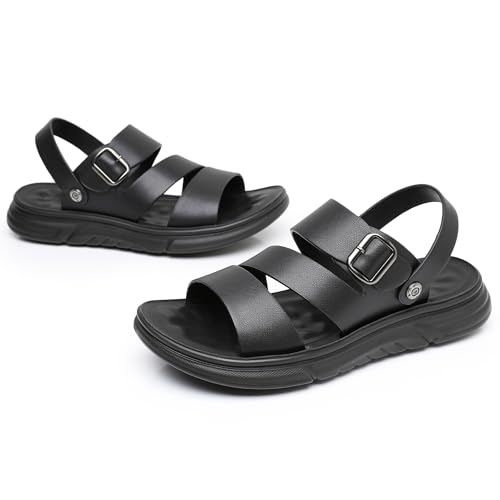 Finishing & Sewing Men's Leather Comfort Beach Sandals with Adjustable Buckle Strap3