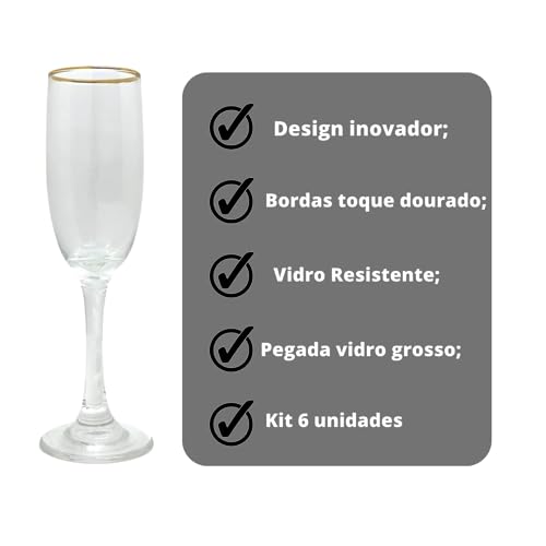Kit Conjunto 6 Taças Champagne Espumante Vidro Resistente Borda Dourada Glamour Sofisticado 160 ml