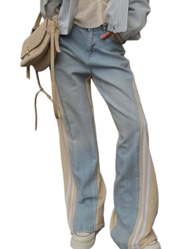 CHARTOU Women Side Stripes Patchwork Wide Leg Denim Pants High Rise Straight Jeans with Pockets