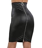 MISS NOIR 19747 Damen Rock Wetlook Bodycon Clubwear Knielänge Partyrock mit Reißverschluss hinten (L, Schwarz (19747-BK))