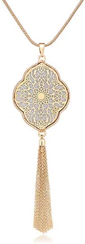 MOLOCH Long Necklaces For Woman Disk Circle Pendant Necklaces Tassel Fringe Y Necklace Set Statement Pendant (quatrefoil-shaped-gold)