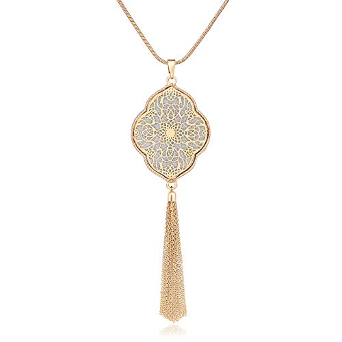 Moloch Long Necklaces For Woman Disk Circle Pendant Necklaces Tassel Fringe Y Necklace Set Statement Pendant (Quatrefoil-Shaped-Gold) #TOP1