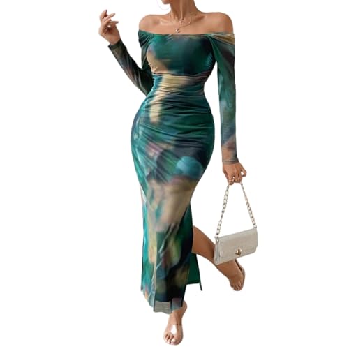 LIGHT DOT Women's Printed Off Shoulder Dress Long Sleeve Bodycon Maxi Mesh Layered Side Slit