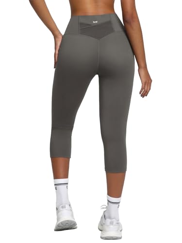 BRXL 19 Capri Leggings for Women Tummy Control No Front Seam High Waisted Capris with Pocket Yoga Pants Workout Gray L