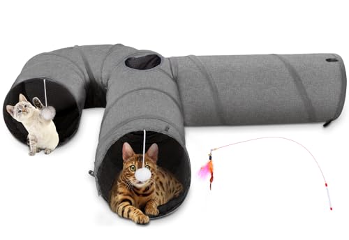 Image of Ownpets Cat Tunnel Large 3 Way Collapsible Cloth Pet Tunnel Tube with Plush Ball & Feather Toy, U-Shaped Cat Play Tunnel for Indoor Cat, Puppy, Kitty, Kitten, Rabbit(Gray)