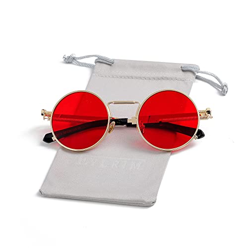 Round Steampunk Sunglasses Hippie Circle Glasses Gothic Metal Frame 100% Uv Blocking Lens(Gold/Ocean Red) #TOP4