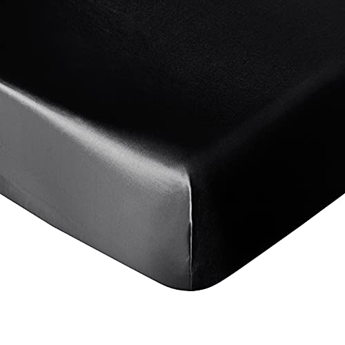 Image of NTBAY Silk Satin Fitted Crib Sheet, Super Soft and Silky 28x52 Crib Sheet for Standard Crib and Toddler Mattresses, Boys, Girls, Unisex, Black, 28x52 Inches