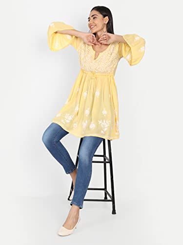 Image of indiankala4u Lucknow Chikankari Hand Embroidered Fit and Flared Top, Short Kurti for Women, Modal Cotton