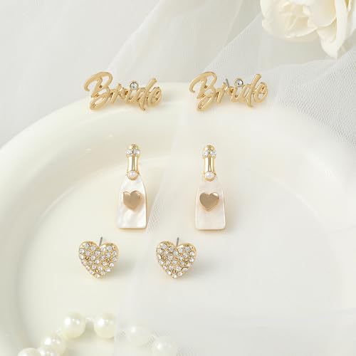 Madison Tyler 3 Pairs Wedding Earrings for Brides| Heart Champagne Bride Stud Earrings | Bride Earrings for Bachelorette Party| Bride Gifts for Wedding Celebration2