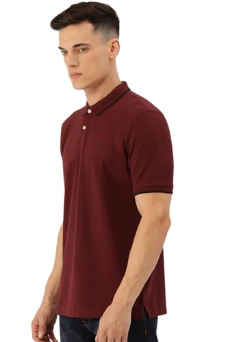 Image of Peter England Men's Snug Fit Solid Polo T-Shirt with Coloured Collar Tipping| Cotton Rich| Premium Pique Weave