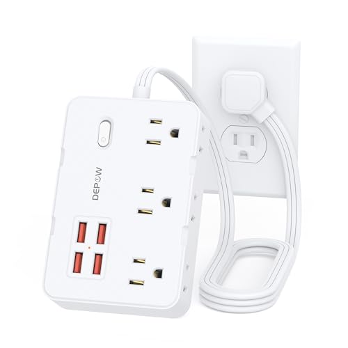 image for DEPOW Surge Protector Power Strip with Flat Plug, 3 FT Extension Cord 
