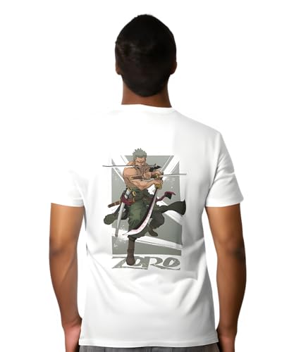Image of One Piece Zoro Anime T-Shirt, Front and Back Print, White, Comfortable Fit, Unisex