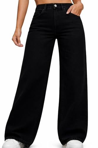 Image of Women High Waist Straight Fit Wide Leg Jeans | Dark Black Z Black Stretch Denim | Trendy Baggy Jeans for Women | Premium Casual Street wear Pants