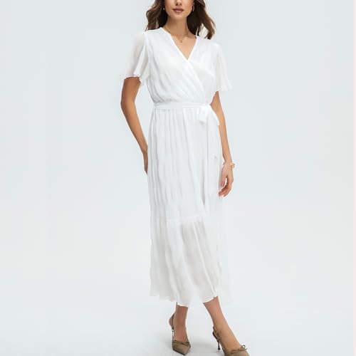 Image of Women's Summer Bohemian Floral Chiffon Dress Cap Sleeve V Neck Ruffle Long Flowy Boho Casual Vacation Dresses