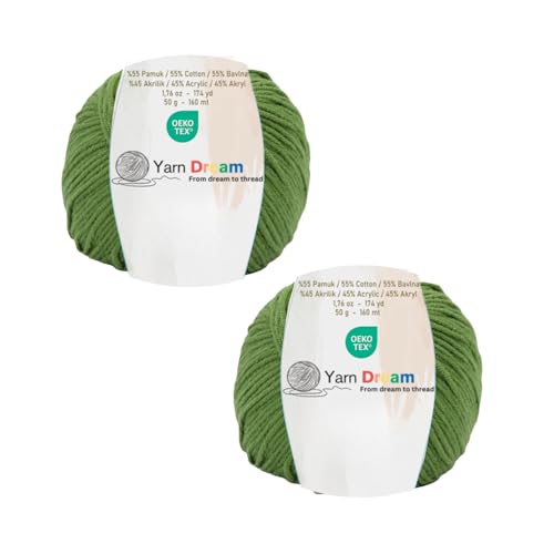 DK Yarn Dream 2 Skein 55% Cotton 45% Acrylic 348 Yards, Cotton Yarn for Crocheting, Knitting Yarn for Amigurumi, Oeko Tex, Knit 4-4.5 mm/Crochet 2–4.5mm 3.5 Oz, Soft #3 Green Yarn