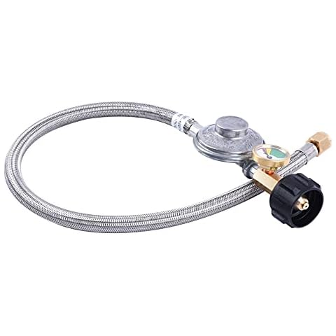 JEASOM 2 Feet Propane Regulator Hose with Gauge, Stainless Braided Hose for Most LP Grill Heater and Fire Pit Table, 3/8'' Female Flare Fitting Cover
