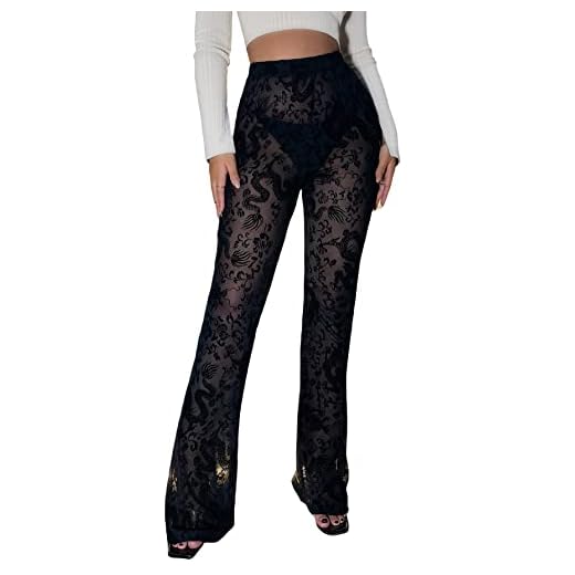 SOLY HUX Women's Dragon Print Sheer Mesh High Waisted Flare Leg Pants Trousers Black M