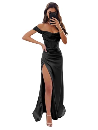 Women's Off Shoulder Mermaid Prom Dresses with Slit Long Satin Corset Formal Party Gowns Bridesmaid Dresses