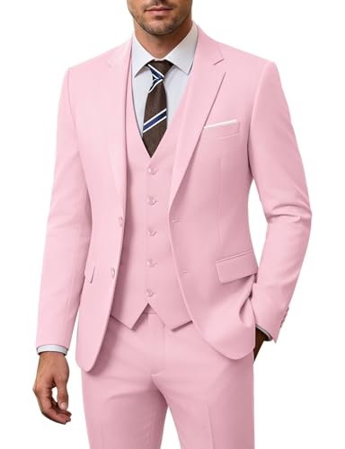 Image of Men's 3 Piece Slim Fit Suit Set, Two Button Blazer Solid Jacket Vest Pants Wedding Business Suit