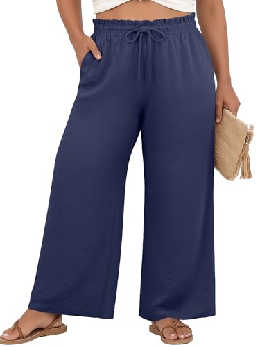 OLRIK Plus Size Wide Leg Pants for Women Casual Loose High Waist Pleated Lounge Pants Summer Trousers Dark Blue-3X
