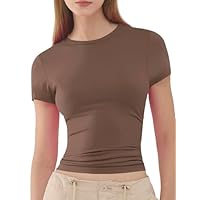 ARCFEETORY Donne di Base a Manica Corta Magliette Slim Fit Morbido Girocollo Crop Y2K t-Shirt Estate Elasticizzato Tops Carino caffè Grigio M