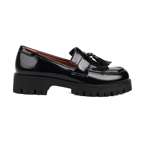 Image of Black Loafers Women Platform Chunky Business Casual Shoes | Memory Foam Insoles,Lug Sole,Slip on,Comfort Loafers for Work,Office,Commute,Versatile Daily Wear