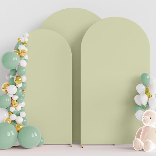 Image of Wokceer Wedding Arch Backdrop Cover (7.2FT, 6.6FT, 6FT) Set of 3 Spandex Fitted Wedding Arch Stand Covers for Round Top Chiara Backdrop Stands Cover for Birthday Party Ceremony Decor Sage Green