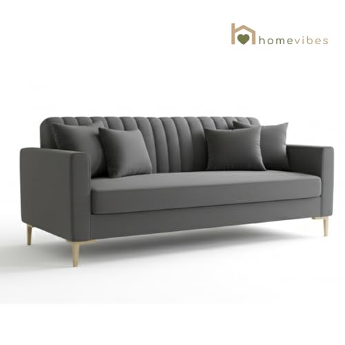 Image of 3 Seater Velum Fabric Sofa Set for Living Room, Modern Design with High Density Foam, Solid Wood Frame, Ergonomic Comfortable Seating for Home & Office (Dark Grey, 3 Seater) | Soft foam comfort
