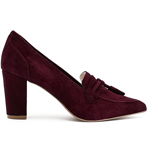 LEHOOR Women Chunky Block High Heel Suede Pumps Pointed Closed Toe Slip On Dress Loafers with Tassel 3" Thick Heel Fringed Pumps for Office Ladies Girls Work Shoes Elegant Comfortable Spring 4-11 M US2
