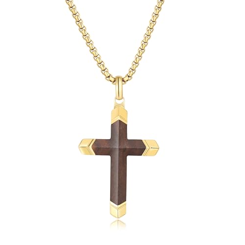 Wooden Cross Necklace for Men, 18K Gold Plated Stainless Steel Mens Cross Necklaces Hand Inlaid Real Ebony, Christian Black Wood Crucifix Pendant 24