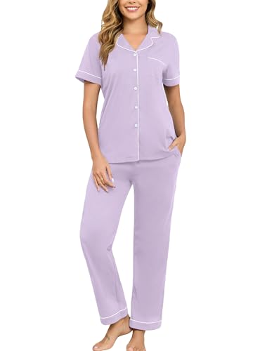 Image of Veseacky 100% Cotton Pajamas for Women Set Short Sleeve Button Down Sleepwear Soft 2 Piece Summer Pjs Lounge Sets S-XXL