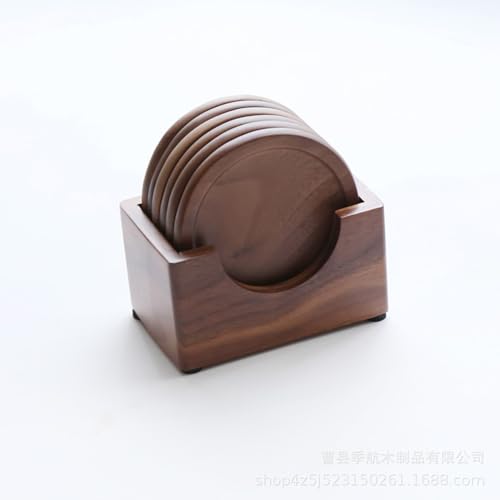 木製コースター おしゃれ コースター木製 6枚セッ 収納ケース付き 天然木製 ウォールナット 丸型 茶パッド 防水 滑り止め 断熱お コップ敷き 適用 自宅 お茶 お酒 コーヒー 来客用