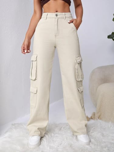Image of GRECIILOOKS Cargo Jeans for Women - Wide Leg High Waist Baggy Denim Pants | Casual Fit Trousers with Utility Pocket Design