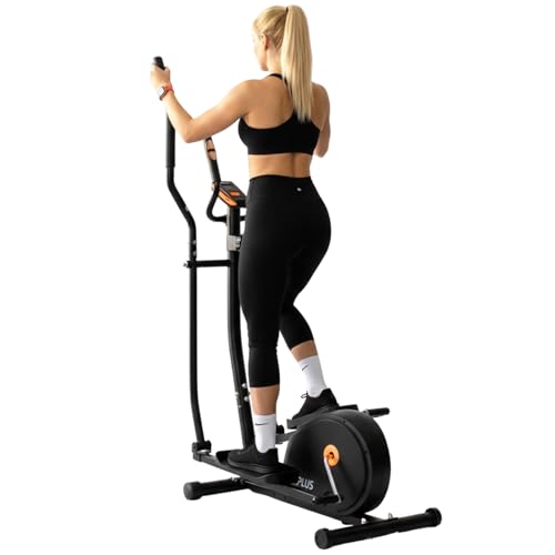 Bicicleta Elíptica Bonplus - 8 Niveles de Resistencia - Pulsómetro - Uso doméstico - Panel de Control LCD - Color Negro y Naranja - Ruedas Frontales