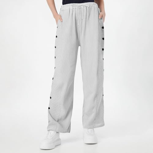 Summer Pants for Women Boho Striped Elastic Waist Pull on Wide Leg Linen Pants with Pockets Side Button Bottoms4