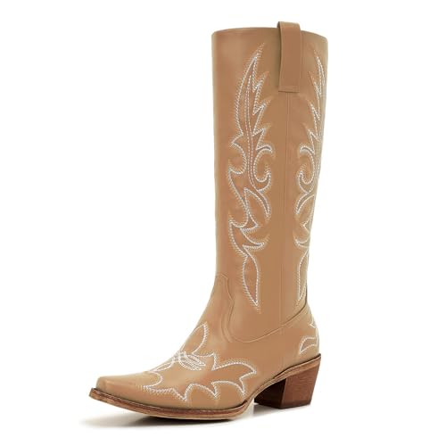 Image of Uillnoodu Women's Turquoise Cowgirl Boots - Wide Calf Mid Calf Western Boots Plus Size Embroidered Cowboy Style with Block Heel
