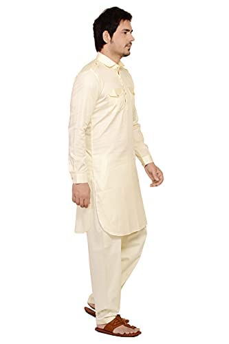 Image of WHITE-ZONE Men's Pathani Suit Set (44, Cream Satin)