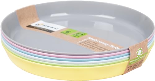 HEKU Mehrweg-Teller 6er Set in Pastell, ⌀18,5 cm I Aus PP-Material I Leicht & Robust I Spülmaschinen- & Mikrowellengeeignet, Bunt