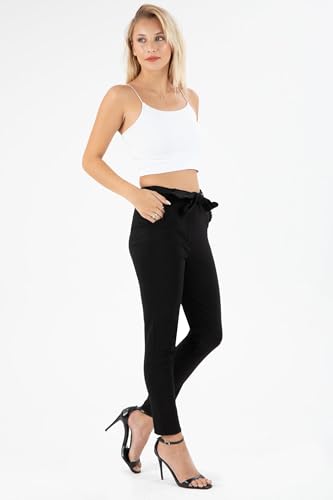Kendindza Damen Stretch Hose Elegant Mit Schleife - High Waist Stoffhose für Business, Lang Schlupfhose in Schwarz, Größe L