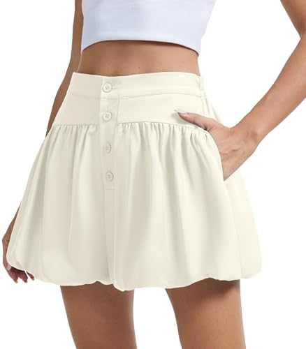 MLXSJ Bubble Shorts for Women Casual Boho Skorts High Waist Puffy Hem Mini Skirts (White, L)