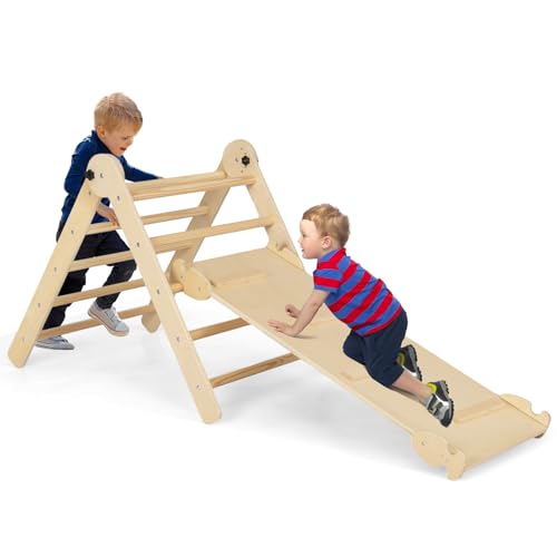 Costzon Climbing Toys for Toddlers, 4 in 1 Foldable Wooden Montessori Baby Climbing Gym with Adjustable Angle's Ramp for Climb & Slide, Kids Triangle Climbing Toys Indoor Boys Girls Gift Set