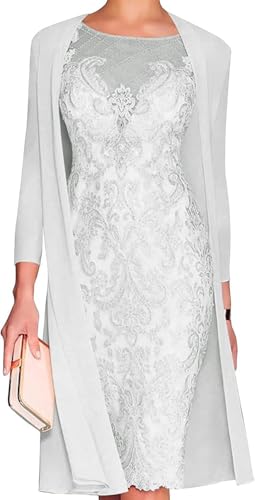 2 Pieces Mother of The Bride Dresses for Wedding Knee Length Formal Evening Gowns Appliques Wedding Guest Dress Silver