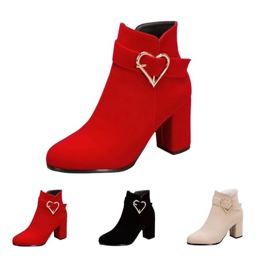 MJGkhiy Botas de mujer con tacón de bloqueo elegantes de ante botín de punta de invierno negro marrón botines bajos con cremallera moda chunky bota para noche y ceremonia, rojo, 36 EU