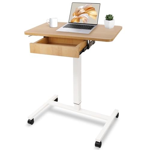 Image of CLATINA Mobile Laptop Standing Desk Adjustable Height, Computer Desk Teacher Podium with Lockable Wheels, Work Table with Drawer, Portable Rolling Side Table Bed Desks for Home Office Classroom, White