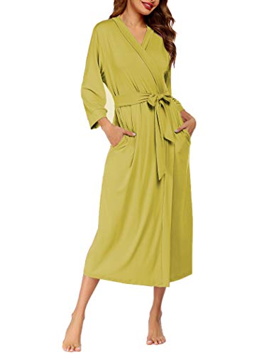 MAXMODA Women Kimono Robes Cotton Long Robe Knit Bathrobe Soft Sleepwear V-Neck Ladies Loungewear S-3XL(Chartreuse,L)