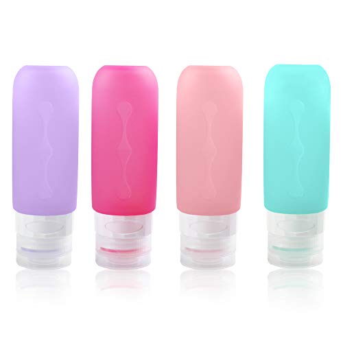 Silicone Travel Bottles Set - YIIMER 4 Pack Leak-proof Refillable Hand Sanitizer Bottles Container, 3oz TSA Approved Squeezable Travel Size Bottles for Toiletries, Shampoo, Liquids, Soap